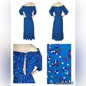 CHARLES HENRY Blue Floral Off Shoulder Sheer 3/4 Sleeve Tiered Ruffle Maxi Dress